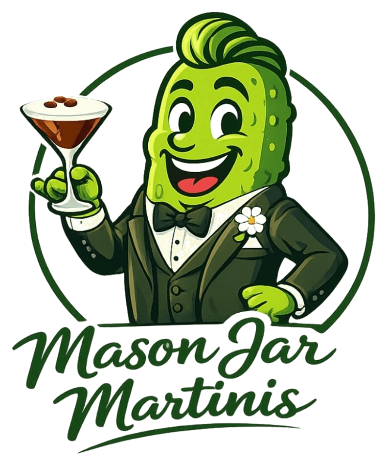 Mason Jar Martinis logo — pickle in a tuxedo holding an espresso martini
